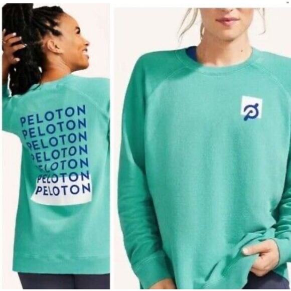Peloton Terry Cloth Teal Green Graphic Crewneck Pullover Sweatshirt Size Large - Picture 1 of 7